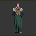 Traditional Folk Costume Featuring Green Pleated Dress Red Hat And Floral Embroidery