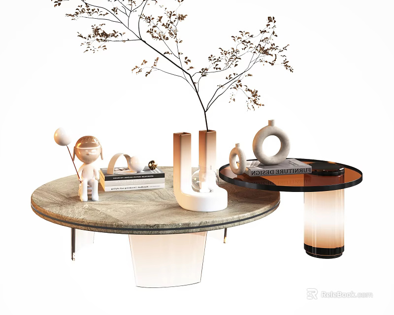 Modern Round Marble Top Coffee Table With Side Table Decorative Vases And Dried Branches 3d model