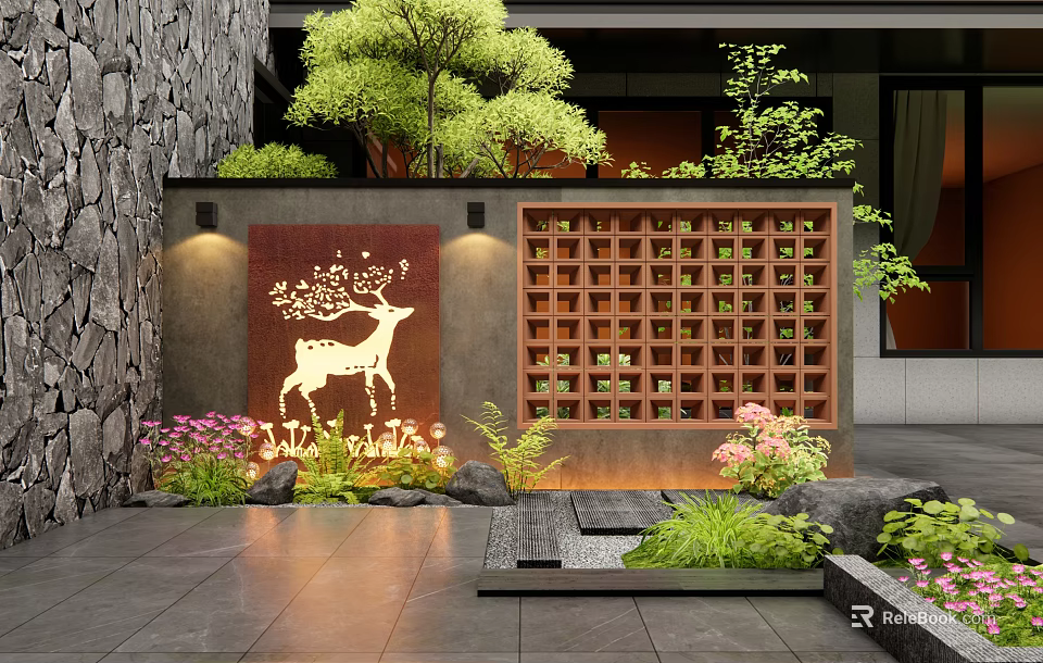 Chinese Style Garden Wall With Deer Pattern Grid Design And Courtyard Green Plants Lighting 3d model 