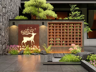 Chinese Style Garden Wall With Deer Pattern Grid Design And Courtyard Green Plants Lighting 3d model