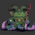 Green Game Movie Character With Horns Holding Red Staff On Blue Pink Tentacle Octopus Creature