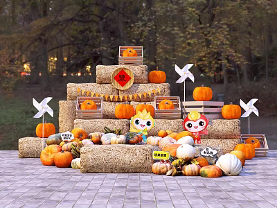 Autumn Themed Check in Photo Spot with Pumpkins Scarecrows and Haystacks in Cozy Outdoor Setting 3d model