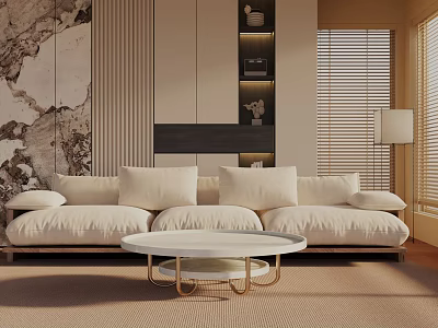 Three Seater Sofa With Cushions And White Marble Coffee Table In Elegant Modern Living Room Gold Frame 3d model