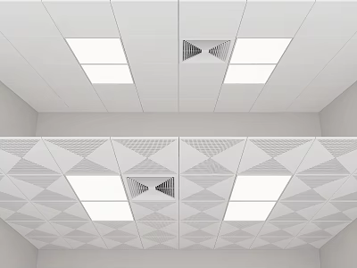 Modern Ceiling Design With White Panel Geometric Patterns Recessed Lights And Ventilation Grilles 3d model
