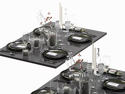 Elegant Tableware Set With Black Tray Plates Glassware Candles And Decorative Red Berries 3d model