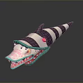Purple And White Striped Creature Head With Pointed Ears Red Yellow Eyes And Sharp Teeth