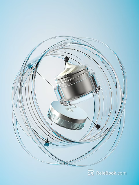 Premium Skincare Cosmetics Silver Jar Floating With White Cream And Transparent Spiral Lines 3d model 