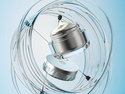 Premium Skincare Cosmetics Silver Jar Floating With White Cream And Transparent Spiral Lines 3d model