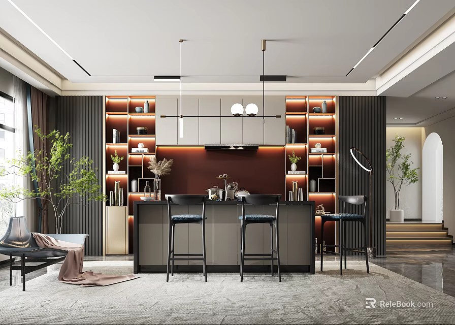 Modern Kitchen Interior With Island Counter Bar Stools Cabinets And Lighting 3d model