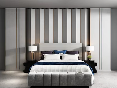 Modern Background Double Bed in Bedroom with Vertical Striped Wall Nightstands and Decorative Pillows 3d model