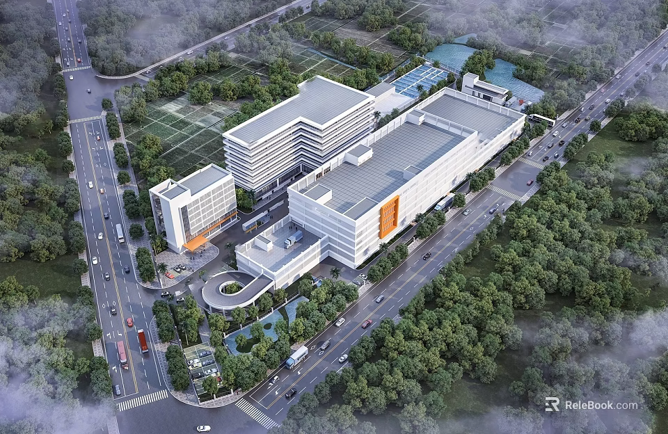 Modern Industrial Factory Complex With Multiple Buildings Green Spaces And Surrounding Roads 3d model 