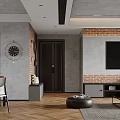Modern Open Concept Living Room Featuring Brown Leather Sofa Gray Concrete Walls and Wooden Flooring