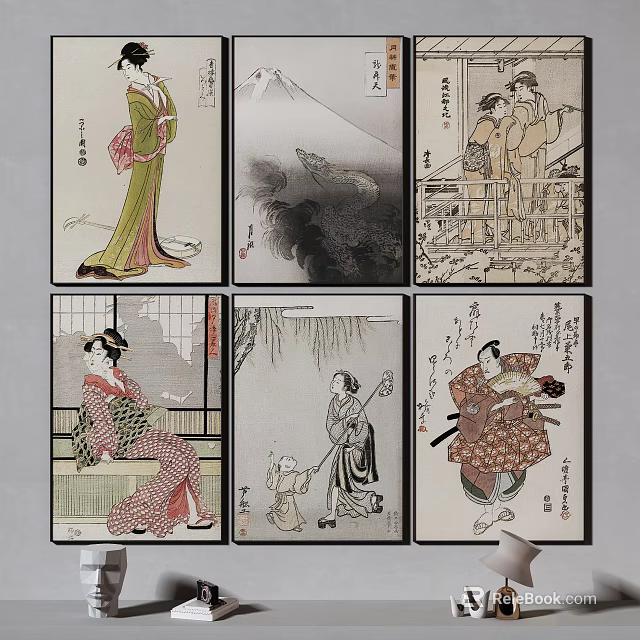 Japanese Traditional Figure Paintings with Ukiyo e Style Attire and Diverse Landscape Scenes 3d model 