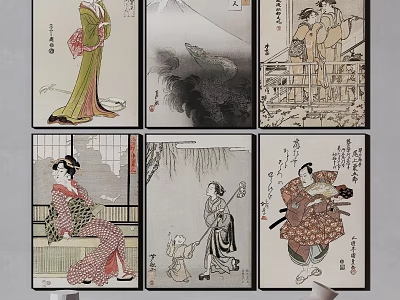 Japanese Traditional Figure Paintings with Ukiyo e Style Attire and Diverse Landscape Scenes 3d model