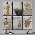 Japanese Traditional Figure Paintings with Ukiyo e Style Attire and Diverse Landscape Scenes
