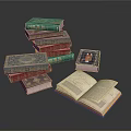 Ornate Stacked Books With Open Pages And Vintage Colorful Covers