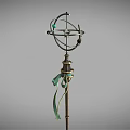 Vintage Metallic Decorative Pole With Intricate Top Structure And Green Ribbon Accent