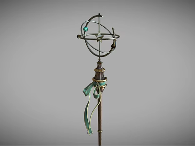 Vintage Metallic Decorative Pole With Intricate Top Structure And Green Ribbon Accent 3d model