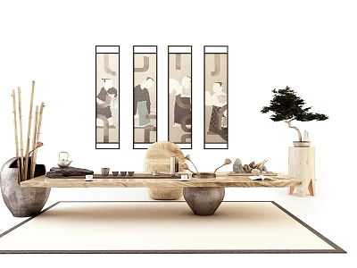 Traditional Chinese Tea Table and Chairs with Scroll Paintings Bonsai and Tea Set 3d model