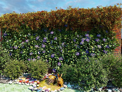 Flowers And Plants On Brick Wall With Climbing Vines Purple Blooms Green Shrubs Colorful Pebbles 3d model