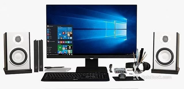Desktop Computer Setup Featuring Monitor Windows Interface Tower Keyboard Mouse Headphones And Desk Accessories 3d model 