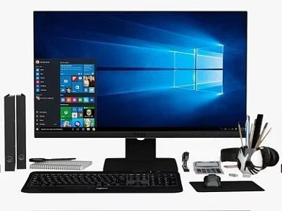 Desktop Computer Setup Featuring Monitor Windows Interface Tower Keyboard Mouse Headphones And Desk Accessories 3d model