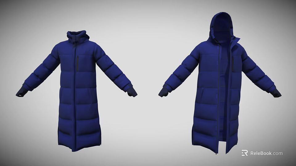 Blue Long Quilted Hooded Puffer Coat Design With Open And Closed Hood 3d model 