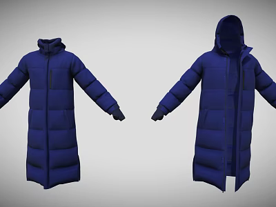 Blue Long Quilted Hooded Puffer Coat Design With Open And Closed Hood 3d model