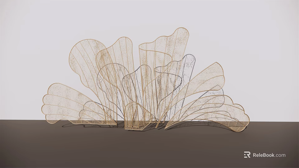 Elegant Fan Shaped Metallic Wire Sculpture With Decorative Golden Structure 3d model 