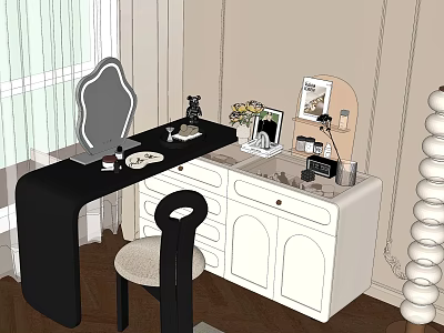 Modern Black And White Dressing Table With Mirror Cosmetics Vase Chair And Window 3d model