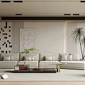 Modern Minimalist Living Room Interior With Light Gray Sofa Geometric Wall Art And Palm Plants