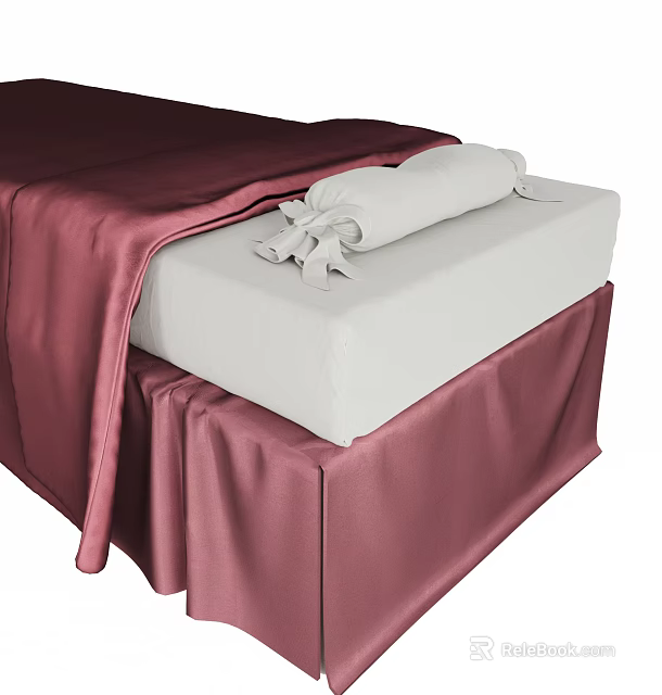 Elegant Massage Bed with White Mattress Burgundy Sheet Skirt and Rolled Pillow Tied Gray Ribbon 3d model 