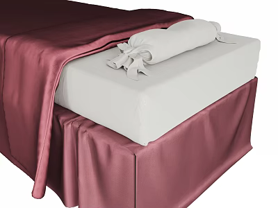 Elegant Massage Bed with White Mattress Burgundy Sheet Skirt and Rolled Pillow Tied Gray Ribbon 3d model