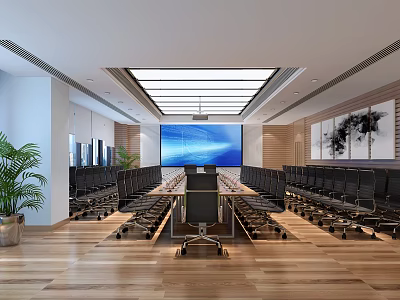 Modern Conference Room Interior Design With Long Table Large Screen Wooden Floor And Black Chairs 3d model