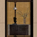 Traditional Entryway Console Table With Table Lamp Vase And Plum Blossom Branches On Textured Wall