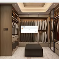 Luxury Walk in Closet Interior Design With Wooden Cabinets Hanging Clothes Bench And Mirror