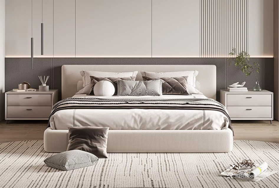 Modern Double Bed Interior Design With Multiple Pillows Bedside Tables And Area Rug 3d model