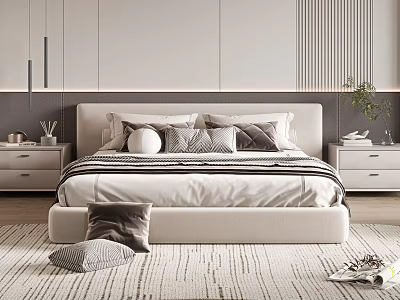 Modern Double Bed Interior Design With Multiple Pillows Bedside Tables And Area Rug 3d model
