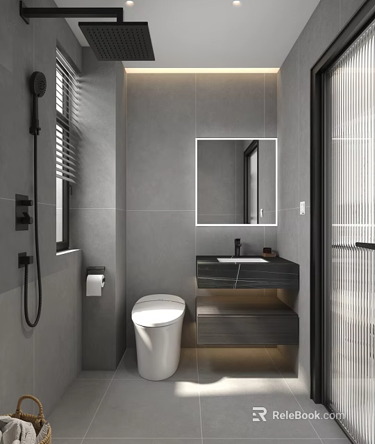 Modern Minimalist Gray Tiled Bathroom With Smart Toilet LED Framed Mirror And Floating Vanity Cabinet 3d model 