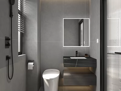 Modern Minimalist Gray Tiled Bathroom With Smart Toilet LED Framed Mirror And Floating Vanity Cabinet 3d model