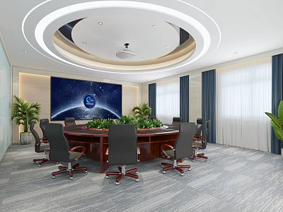 Modern Conference Room With Round Table Black Chairs Large Earth Screen And Green Plants 3d model