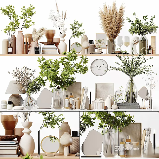 Elegant Modern Decorative Ornament Set with Plants Vases Clock Books and Home Decor 3d model 