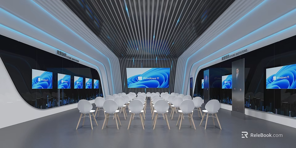 Modern Corporate Exhibition Hall Interior With White Chairs Large Screen And Blue Lighting 3d model 