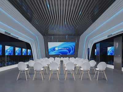 Modern Corporate Exhibition Hall Interior With White Chairs Large Screen And Blue Lighting 3d model