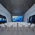 Modern Corporate Exhibition Hall Interior With White Chairs Large Screen And Blue Lighting