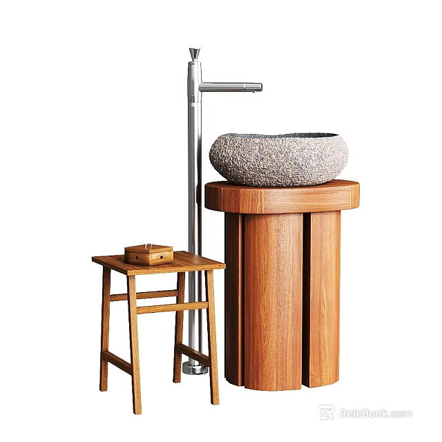 Bathroom Sink With Natural Stone Basin Wooden Pedestal And Small Stool 3d model 