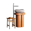 Bathroom Sink With Natural Stone Basin Wooden Pedestal And Small Stool