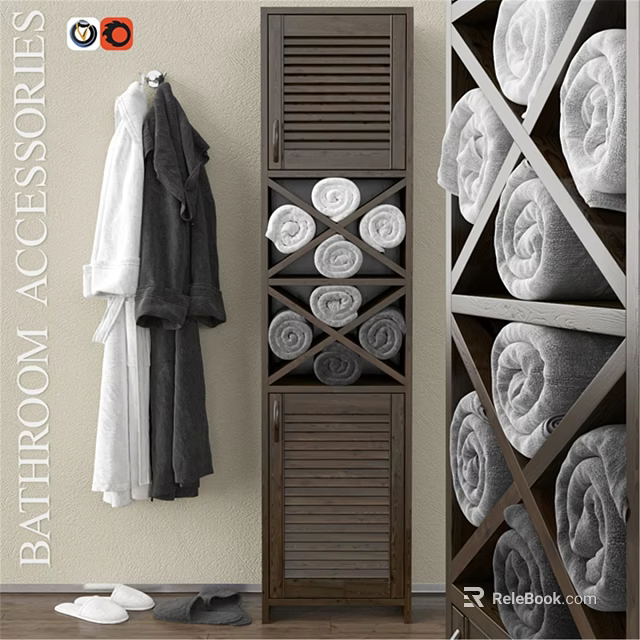 Stylish Bathroom Essentials Soft Bathrobes And Rolled Towels On Wooden Storage Racks 3d model 