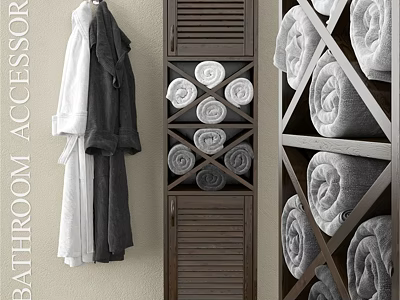 Stylish Bathroom Essentials Soft Bathrobes And Rolled Towels On Wooden Storage Racks 3d model