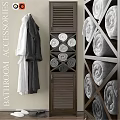 Stylish Bathroom Essentials Soft Bathrobes And Rolled Towels On Wooden Storage Racks